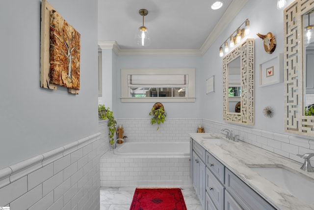 15 High Hill St, Greenville, SC 29605 - full bathroom with double vanity, marble finish floors, a bath, ornamental molding, and healthy amount of natural light