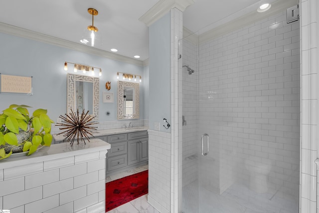 15 High Hill St, Greenville, SC 29605 - full bathroom featuring crown molding, vanity, a shower stall, and recessed lighting
