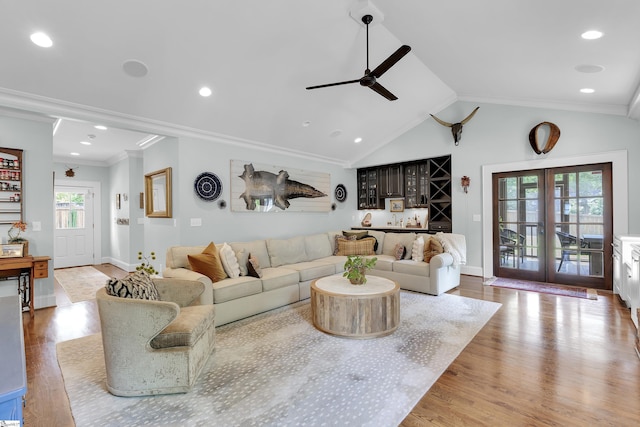 15 High Hill St, Greenville, SC 29605 - living area featuring ceiling fan, wood finished floors, plenty of natural light, recessed lighting, and vaulted ceiling