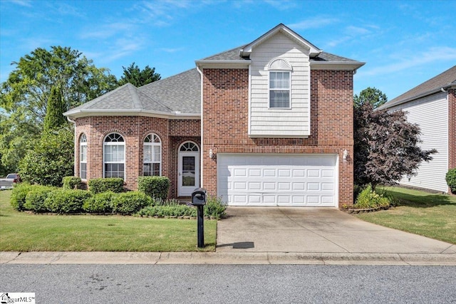 101 Roberts Hill Dr, Taylors, SC 29687 - traditional-style home featuring concrete driveway, brick siding, a front lawn, roof with shingles, and a garage