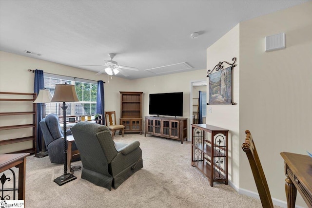 101 Roberts Hill Dr, Taylors, SC 29687 - living room with attic access, ceiling fan, and light carpet