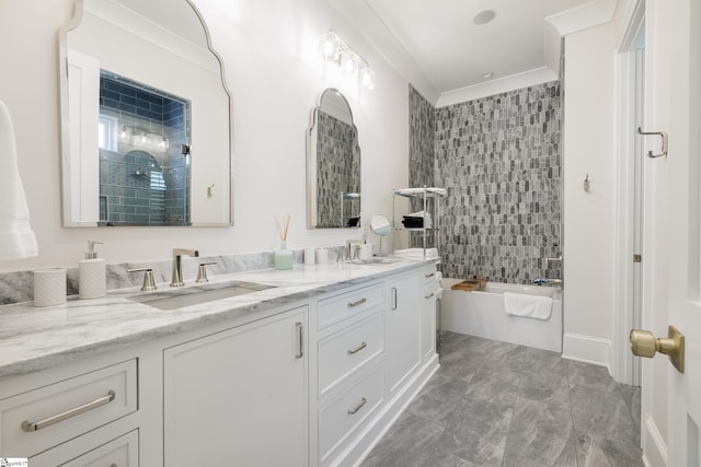 36 Southland Ave, Greenville, SC 29601 - full bathroom featuring double vanity, a bathtub, tiled shower, marble finish flooring, and crown molding
