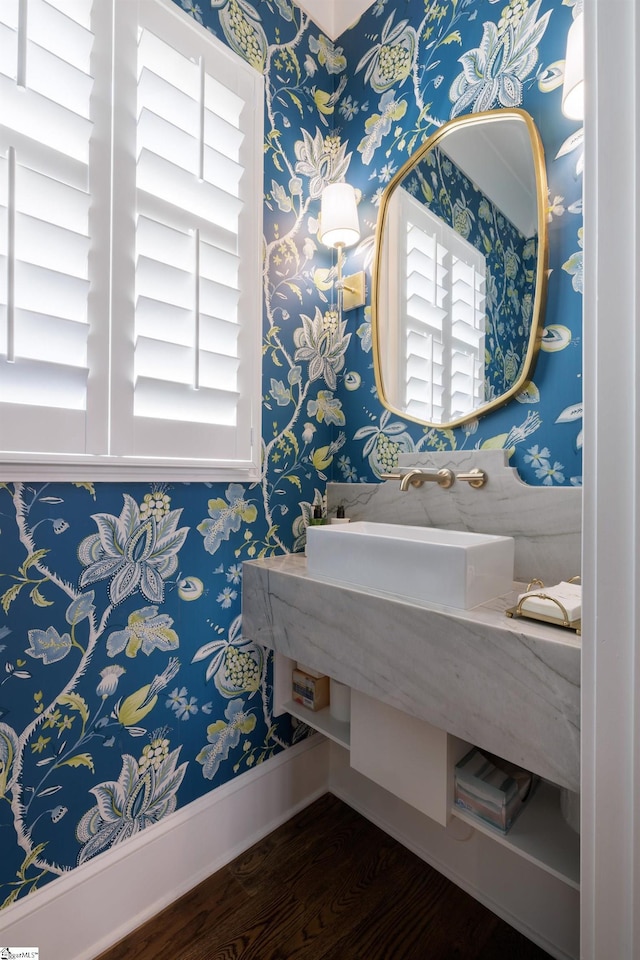 36 Southland Ave, Greenville, SC 29601 - bathroom with wallpapered walls, wood finished floors, and baseboards