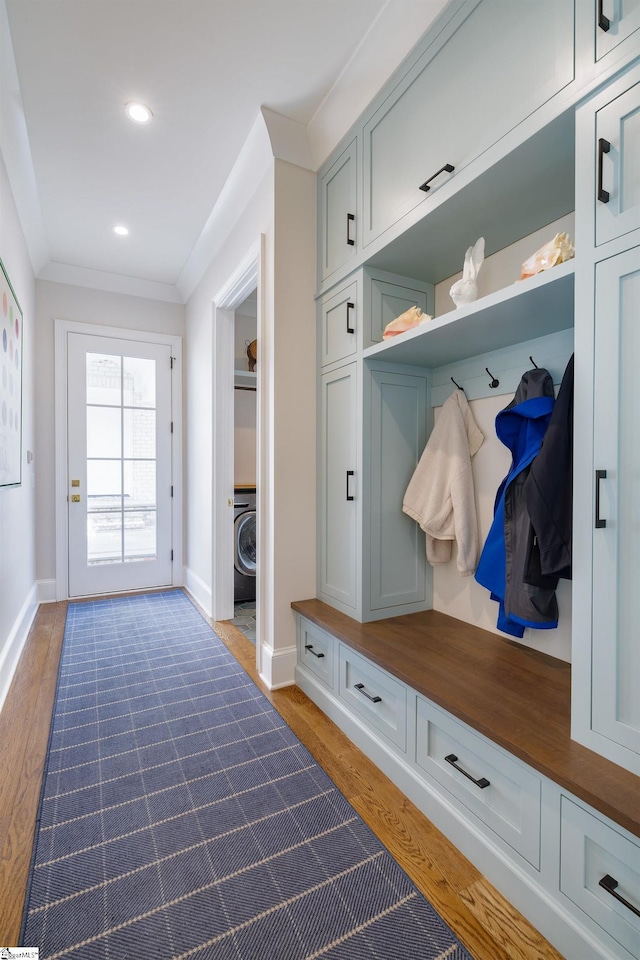 36 Southland Ave, Greenville, SC 29601 - mudroom with washer / clothes dryer, ornamental molding, baseboards, wood finished floors, and recessed lighting
