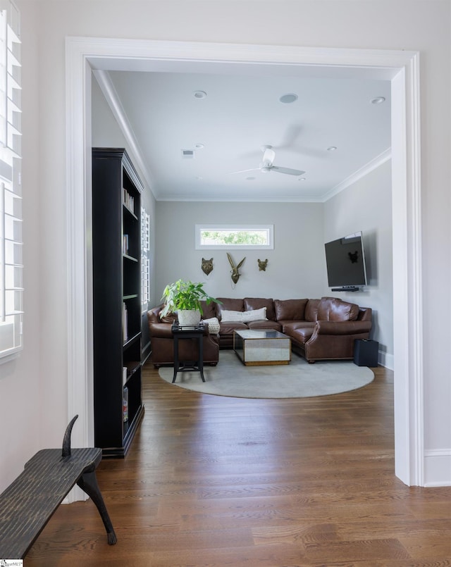 36 Southland Ave, Greenville, SC 29601 - living area featuring wood finished floors, ornamental molding, and a ceiling fan
