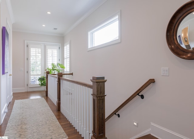 36 Southland Ave, Greenville, SC 29601 - corridor with an upstairs landing, ornamental molding, wood finished floors, recessed lighting, and baseboards