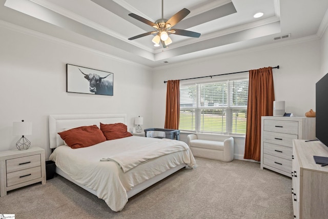 381 Butler Rd, Lyman, SC 29365 - bedroom with a raised ceiling, crown molding, light colored carpet, and ceiling fan