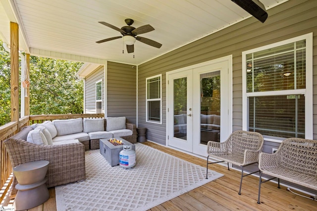 381 Butler Rd, Lyman, SC 29365 - wooden terrace featuring french doors, an outdoor living space with a fire pit, and ceiling fan