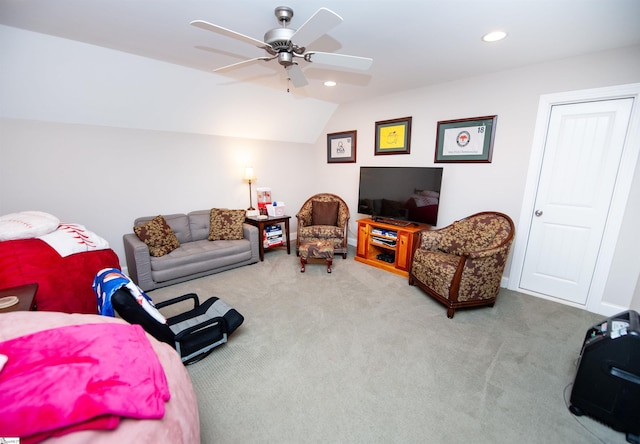 211 Piper Glen Ln, Inman, SC 29349 - living area with carpet flooring, ceiling fan, vaulted ceiling, and recessed lighting