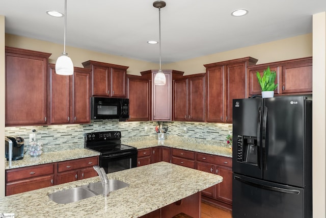 112 Woodstone Dr, Easley, SC 29642 - kitchen featuring black appliances, a sink, decorative light fixtures, decorative backsplash, and recessed lighting
