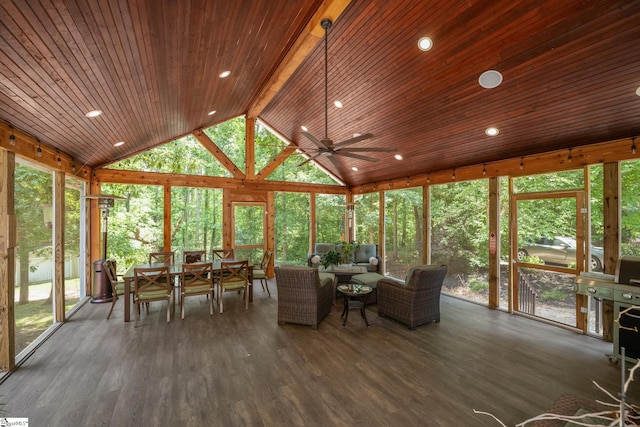 112 Woodstone Dr, Easley, SC 29642 - sunroom featuring wooden ceiling, outdoor dining area, an outdoor living space, a ceiling fan, and wood finished floors