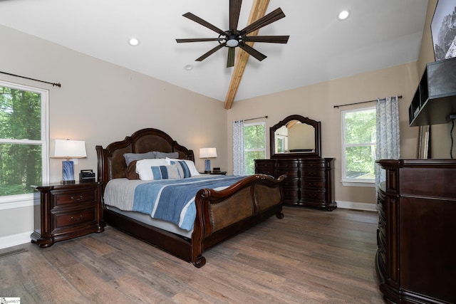 112 Woodstone Dr, Easley, SC 29642 - bedroom featuring baseboards, wood finished floors, lofted ceiling, recessed lighting, and a ceiling fan