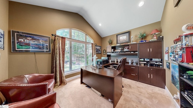 112 Woodstone Dr, Easley, SC 29642 - home office featuring light colored carpet, lofted ceiling, and recessed lighting
