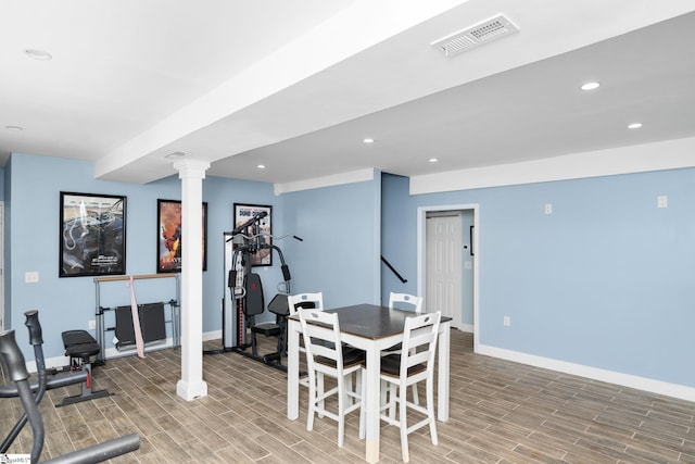 112 Woodstone Dr, Easley, SC 29642 - exercise room with baseboards, ornate columns, recessed lighting, and light wood-style flooring