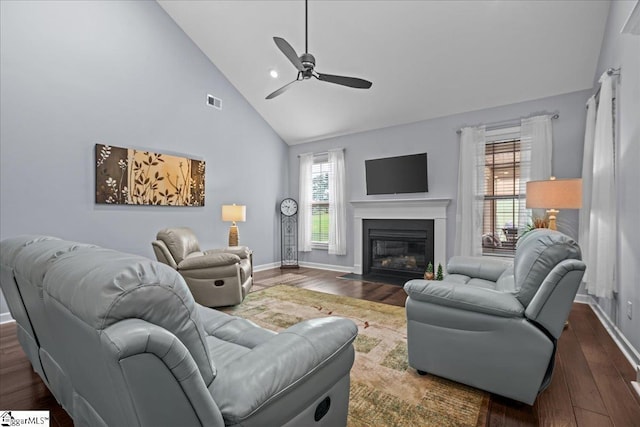 79 Modesto Ln, Simpsonville, SC 29681 - living room featuring high vaulted ceiling, a ceiling fan, healthy amount of natural light, wood finished floors, and baseboards