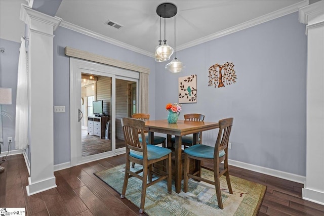 79 Modesto Ln, Simpsonville, SC 29681 - dining area with ornamental molding, ornate columns, baseboards, and wood finished floors