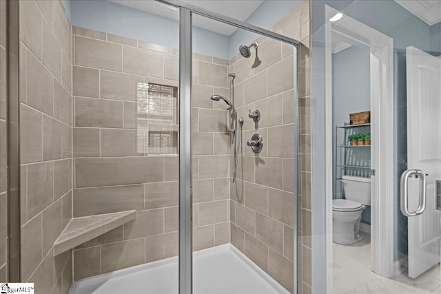 79 Modesto Ln, Simpsonville, SC 29681 - bathroom featuring toilet, a stall shower, marble look tile flooring, and pet washing area