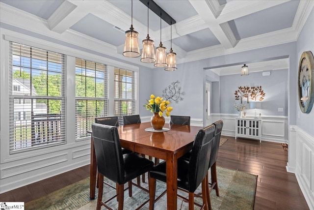 79 Modesto Ln, Simpsonville, SC 29681 - dining room featuring coffered ceiling, beam ceiling, hardwood / wood-style flooring, a chandelier, and a wainscoted wall