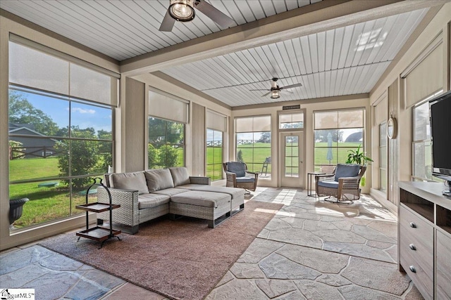 79 Modesto Ln, Simpsonville, SC 29681 - sunroom featuring ceiling fan, healthy amount of natural light, and beamed ceiling