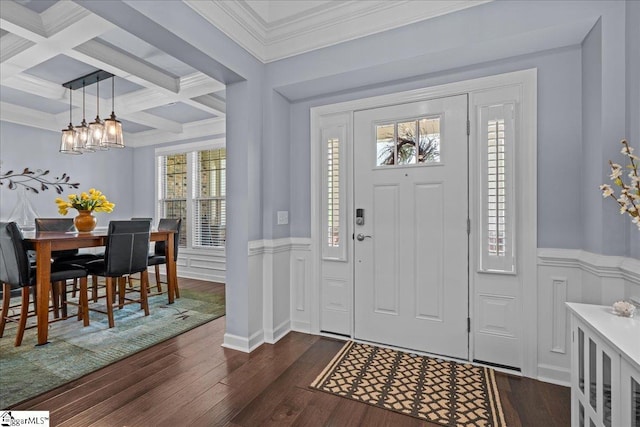 79 Modesto Ln, Simpsonville, SC 29681 - foyer with dark wood-type flooring, a wainscoted wall, beam ceiling, coffered ceiling, and a chandelier