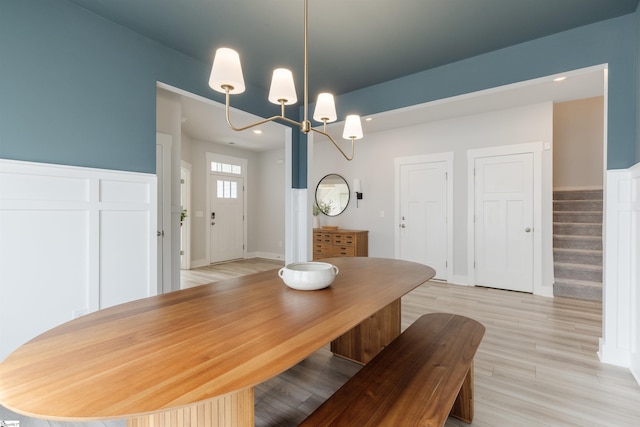 738 Judah Dr, Moore, SC 29369 - dining space featuring stairway, light wood finished floors, baseboards, recessed lighting, and a chandelier