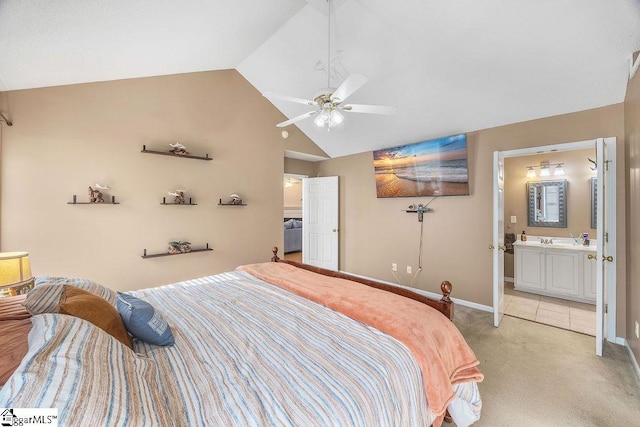 353 Old John Dodd Rd, Boiling Springs, SC 29316 - bedroom featuring lofted ceiling, light carpet, connected bathroom, and ceiling fan