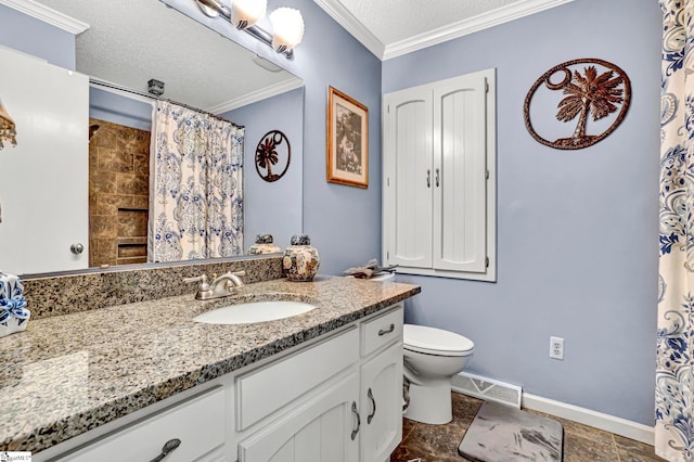 203 Ponder Rd, Greer, SC 29651 - bathroom with vanity, ornamental molding, a textured ceiling, and a shower with curtain