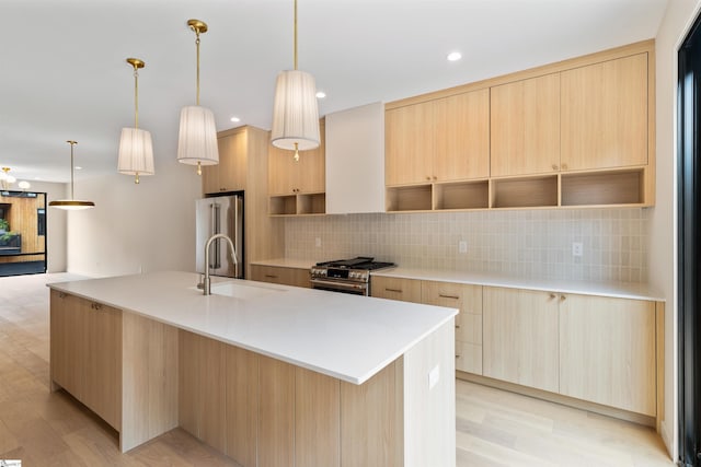 18 Nordic Ln, Greenville, SC 29609 - kitchen with high end appliances, light brown cabinetry, modern cabinets, open shelves, and recessed lighting