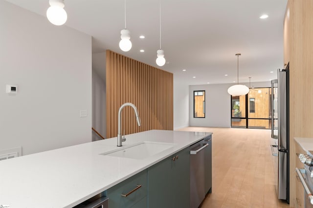 20 Nordic Ln, Greenville, SC 29609 - kitchen with appliances with stainless steel finishes, recessed lighting, decorative light fixtures, open floor plan, and light wood-style flooring