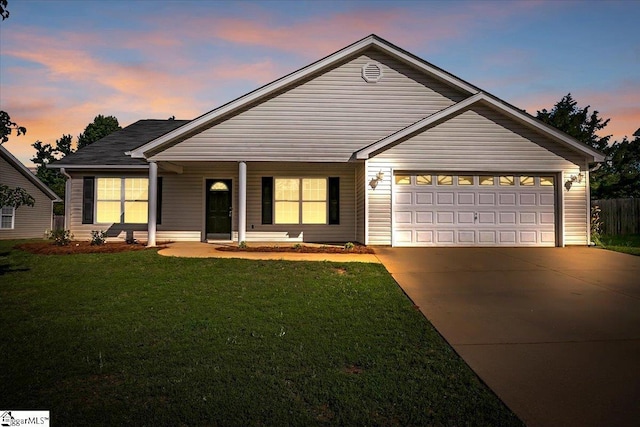 2013 Small Meadows Ct, Fountain Inn, SC 29644 - ranch-style house with concrete driveway, a yard, a garage, and covered porch