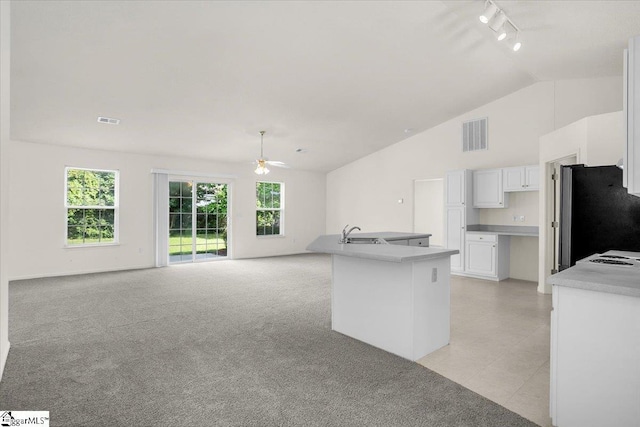 2013 Small Meadows Ct, Fountain Inn, SC 29644 - kitchen featuring freestanding refrigerator, track lighting, lofted ceiling, white cabinets, and a center island with sink