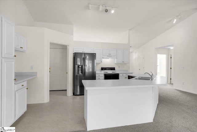 2013 Small Meadows Ct, Fountain Inn, SC 29644 - kitchen featuring black fridge with ice dispenser, track lighting, electric range, under cabinet range hood, and white cabinets