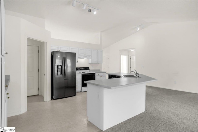 2013 Small Meadows Ct, Fountain Inn, SC 29644 - kitchen with electric stove, black fridge, rail lighting, under cabinet range hood, and vaulted ceiling