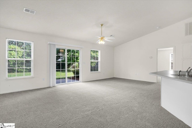 2013 Small Meadows Ct, Fountain Inn, SC 29644 - unfurnished living room featuring light carpet, ceiling fan, and lofted ceiling