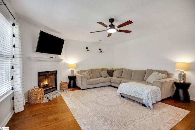 101 Bitternut Ln, Taylors, SC 29687 - living room with a ceiling fan, wood finished floors, and a fireplace with flush hearth