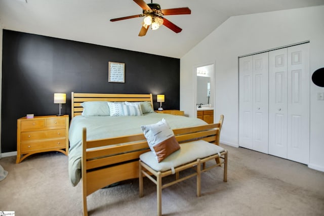 101 Bitternut Ln, Taylors, SC 29687 - bedroom with vaulted ceiling, light carpet, ensuite bathroom, a closet, and ceiling fan