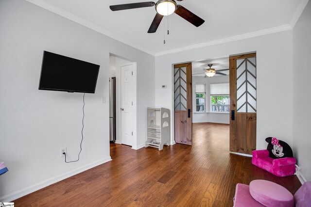 101 Bitternut Ln, Taylors, SC 29687 - living area featuring ceiling fan, wood finished floors, and crown molding