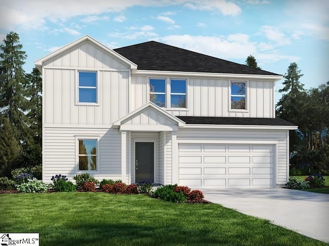 774 Treeline Rd, Moore, SC 29369 - modern farmhouse style home featuring board and batten siding, a garage, concrete driveway, a front lawn, and roof with shingles
