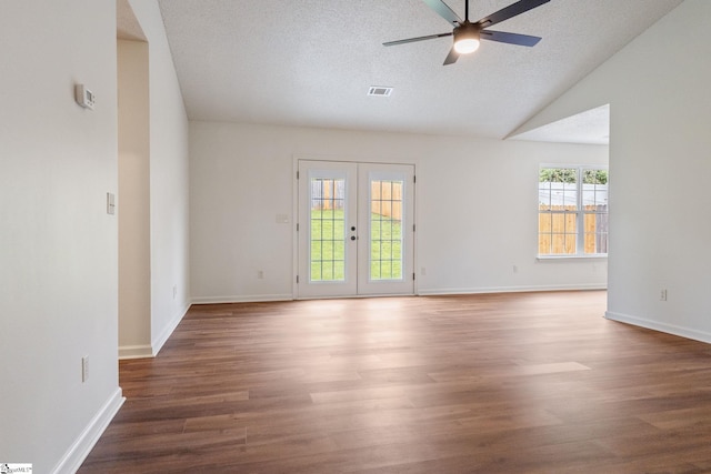 310 W Bushy Hill Dr, Duncan, SC 29334 - empty room featuring ceiling fan, french doors, wood finished floors, lofted ceiling, and a textured ceiling