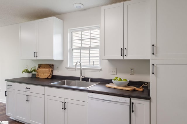 310 W Bushy Hill Dr, Duncan, SC 29334 - kitchen with white dishwasher, dark countertops, and white cabinets