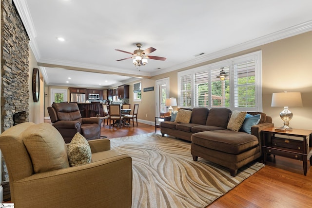 103 Crestview Cir, Greer, SC 29651 - living room featuring wood finished floors, ceiling fan, ornamental molding, and recessed lighting