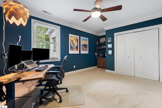 103 Crestview Cir, Greer, SC 29651 - office area featuring carpet, ornamental molding, and a ceiling fan