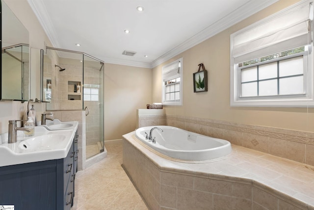 103 Crestview Cir, Greer, SC 29651 - bathroom with double vanity, a bath, a stall shower, ornamental molding, and tile patterned floors