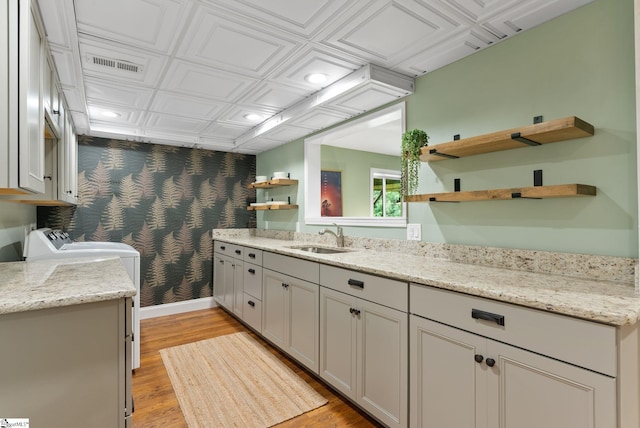 103 Crestview Cir, Greer, SC 29651 - full bathroom with washing machine and clothes dryer, vanity, wood finished floors, an ornate ceiling, and recessed lighting