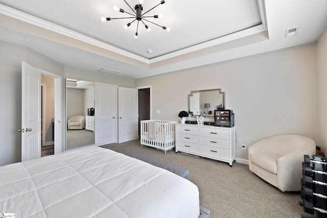 257 Highland Springs Loop, Inman, SC 29349 - bedroom featuring carpet flooring, crown molding, a chandelier, and a raised ceiling