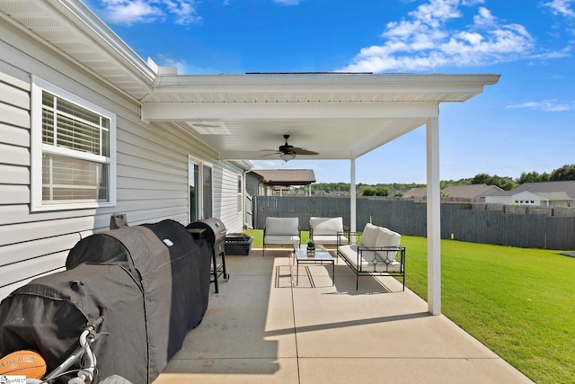 257 Highland Springs Loop, Inman, SC 29349 - fenced backyard featuring ceiling fan, a patio, an outdoor living space, and a grill