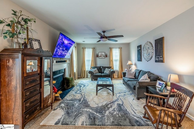 208 Castleton Cir, Boiling Springs, SC 29316 - carpeted living area with a ceiling fan and a high end fireplace