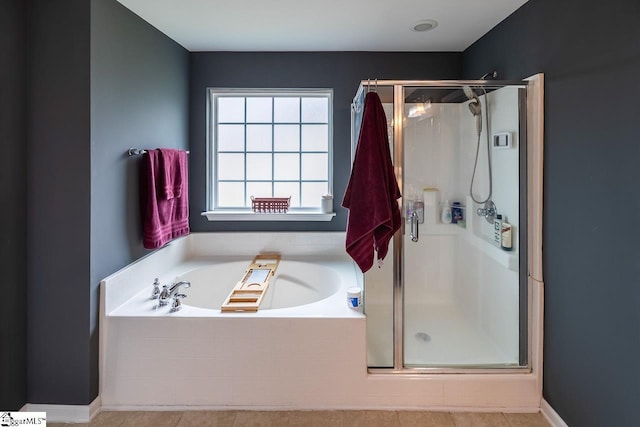 208 Castleton Cir, Boiling Springs, SC 29316 - bathroom featuring a stall shower, a garden tub, and tile patterned floors