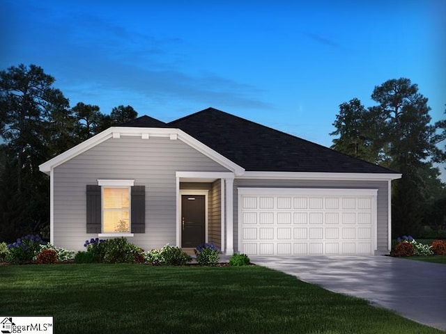 235 Merriweather Way, Spartanburg, SC 29302 - ranch-style house with concrete driveway, an attached garage, a front lawn, and a shingled roof