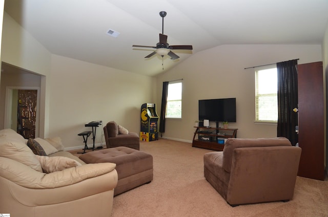 108 Dillard Creek Ct, Greer, SC 29651 - living room featuring vaulted ceiling, a ceiling fan, and light carpet